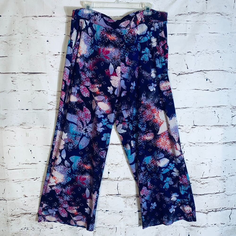 Dana Buchman XL Wide Leg Pull-On Pants Floral Print Lounge Travelwear Flowy Chic